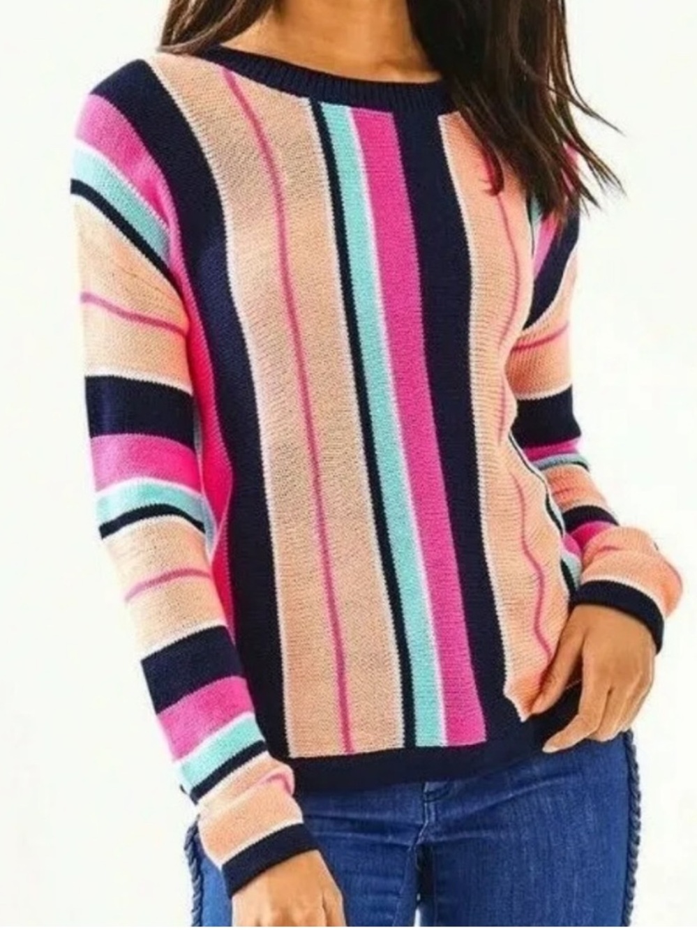 Lilly Pulitzer Striped Scoop-Neck Sweater in Black, Peach, Pink & Aqua